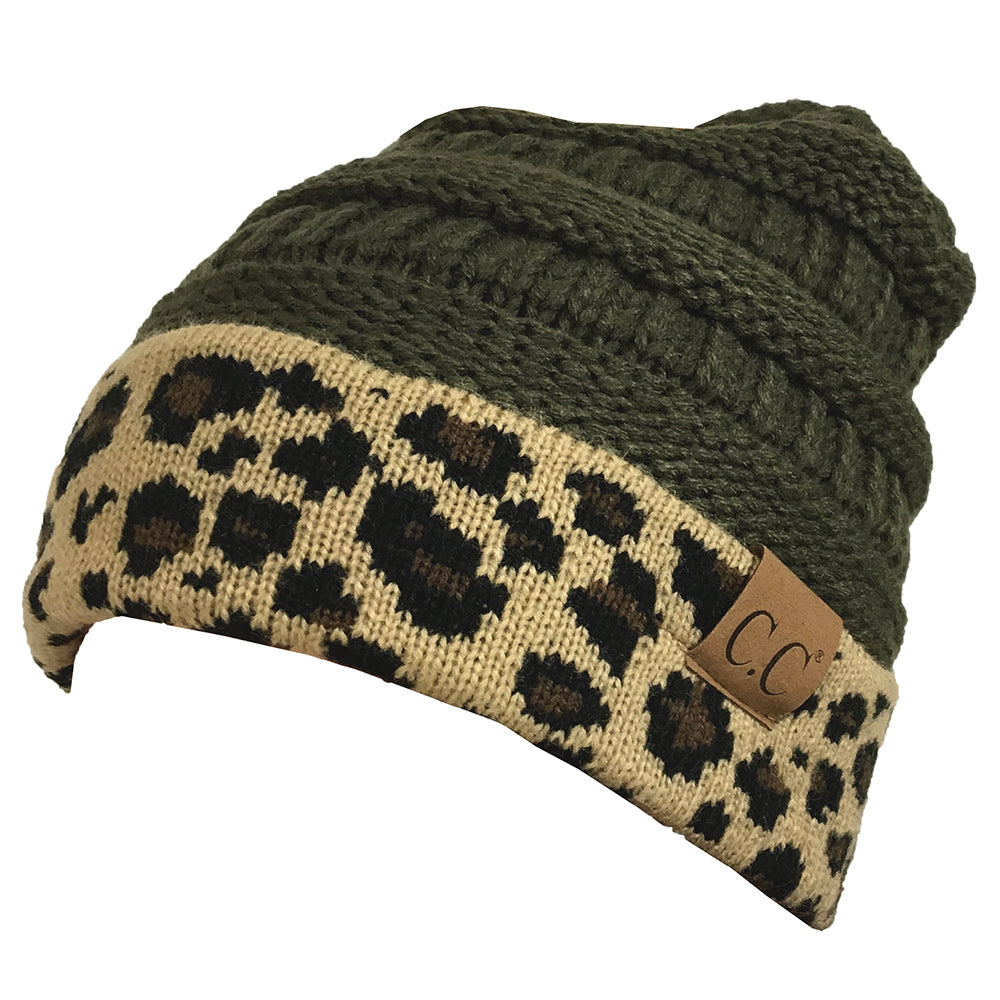 Hat-45 New Olive Leopard Beanie