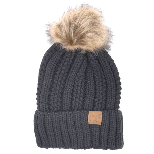YJ-820 SHERPA LINED BEANIE W/FAUX FUR POM - DARK MELANGE GREY