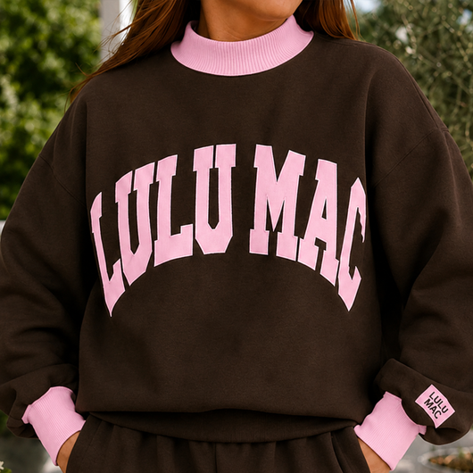 LM-MN-1009 Puff Mock Neck Sweatshirt- Brown/Light Pink