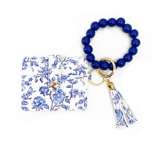 CL-7311 Beaded Wristlet ID Wallet Blue Flower