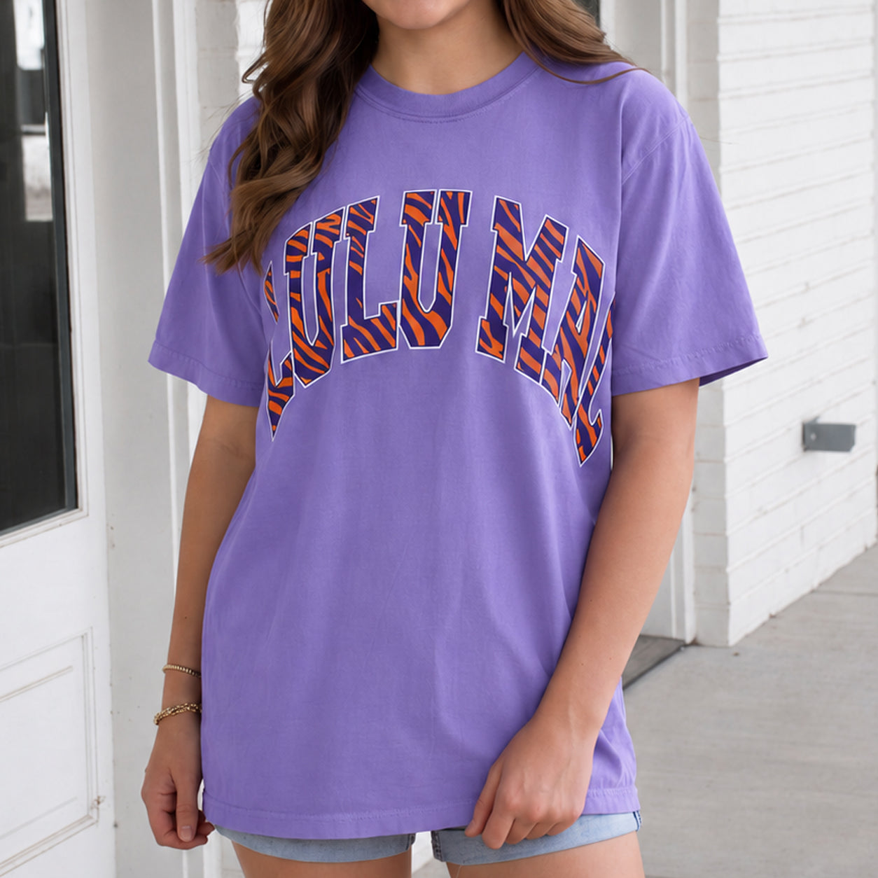 LM-TS-1013 Orange Tiger Stripe Adult Violet Comfort Colors Tee