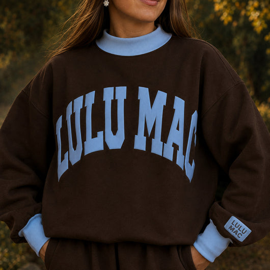 LM-MN-1009 Puff Mock Neck Sweatshirt- Brown/Light Blue