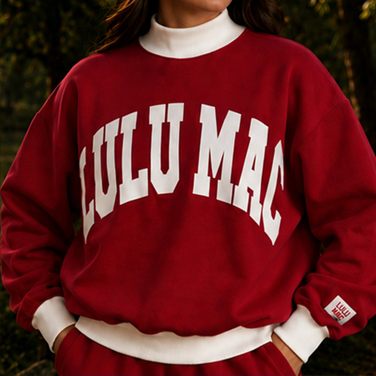 LM-MN-1009 Puff Mock Neck Sweatshirt- Cardinal/White