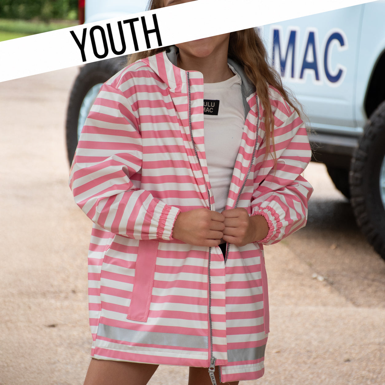 KD-RC-1000 Darby Stripe Youth Lulu Mac  Raincoat - Pink/White