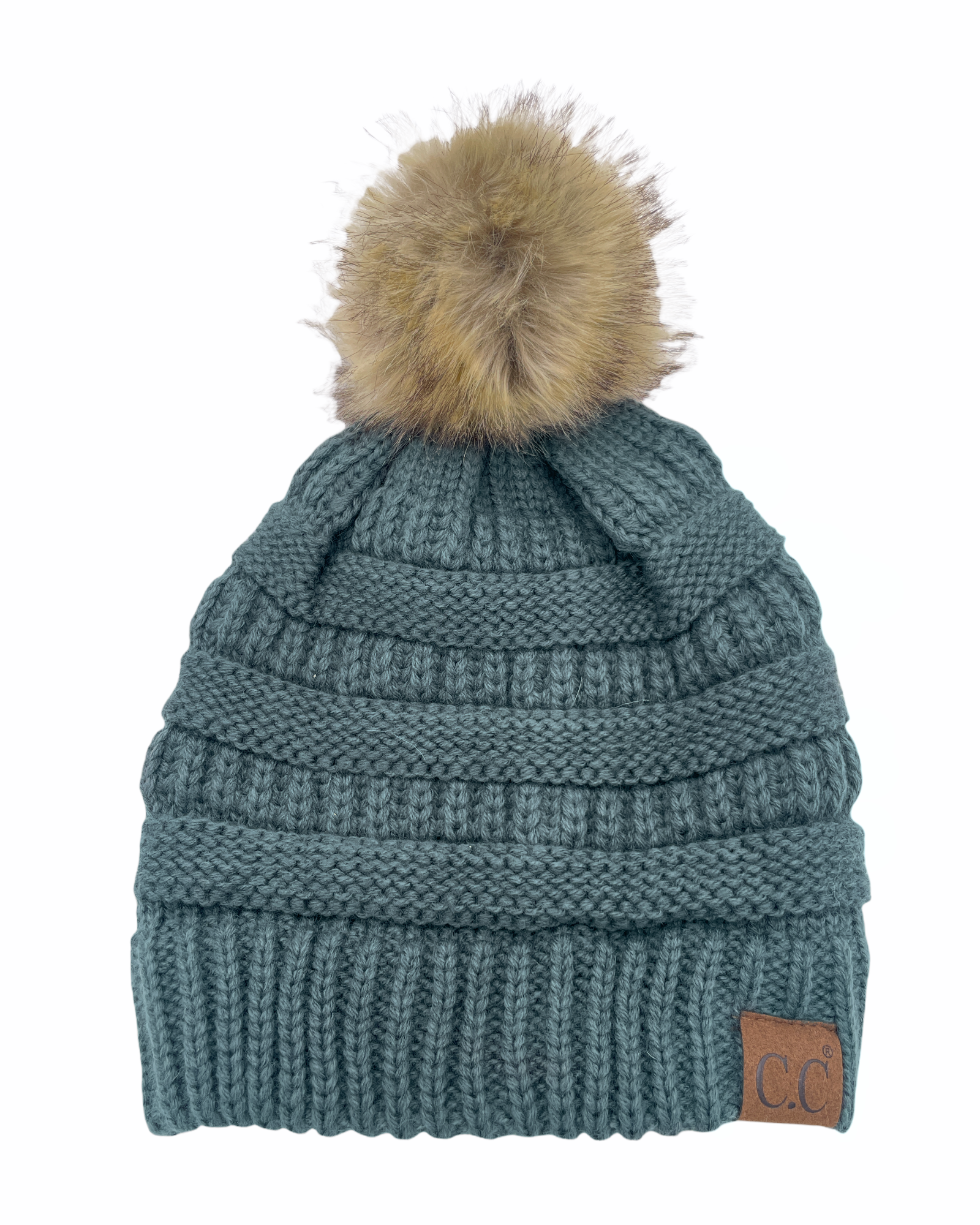 Hat-43 BEANIE W/FAUX FUR POM - TEAL GREY