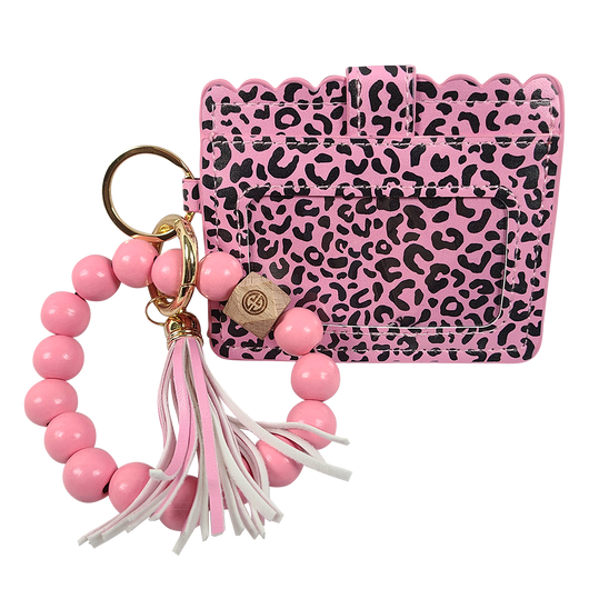 CL-7311 Beaded Wristlet ID Wallet Leopard Pink
