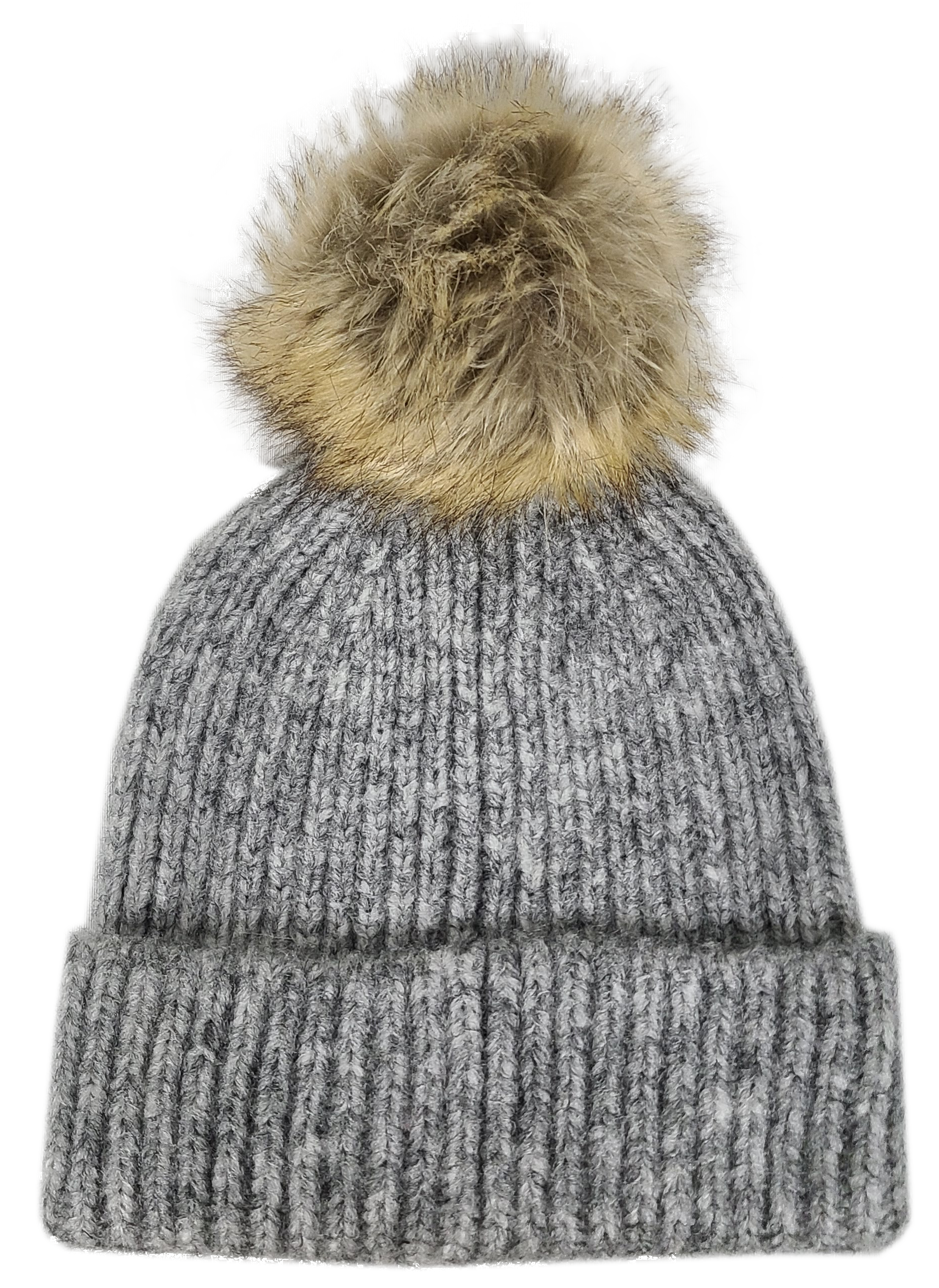 Hat-2074 Beanie with Faux Fur Pom Melange Grey