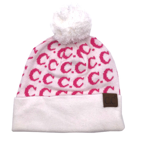 HAT-14  IVORY/ NEW CANDY PINK LOGO BEANIE
