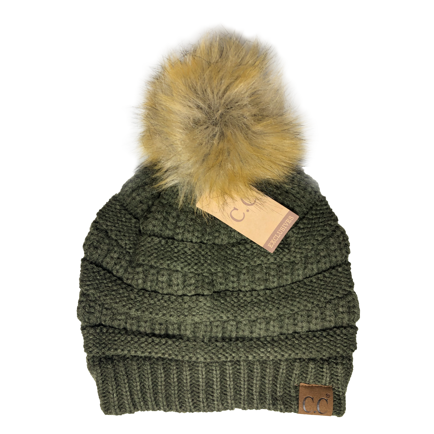 Hat-43 BEANIE W/FAUX FUR POM - NEW OLIVE