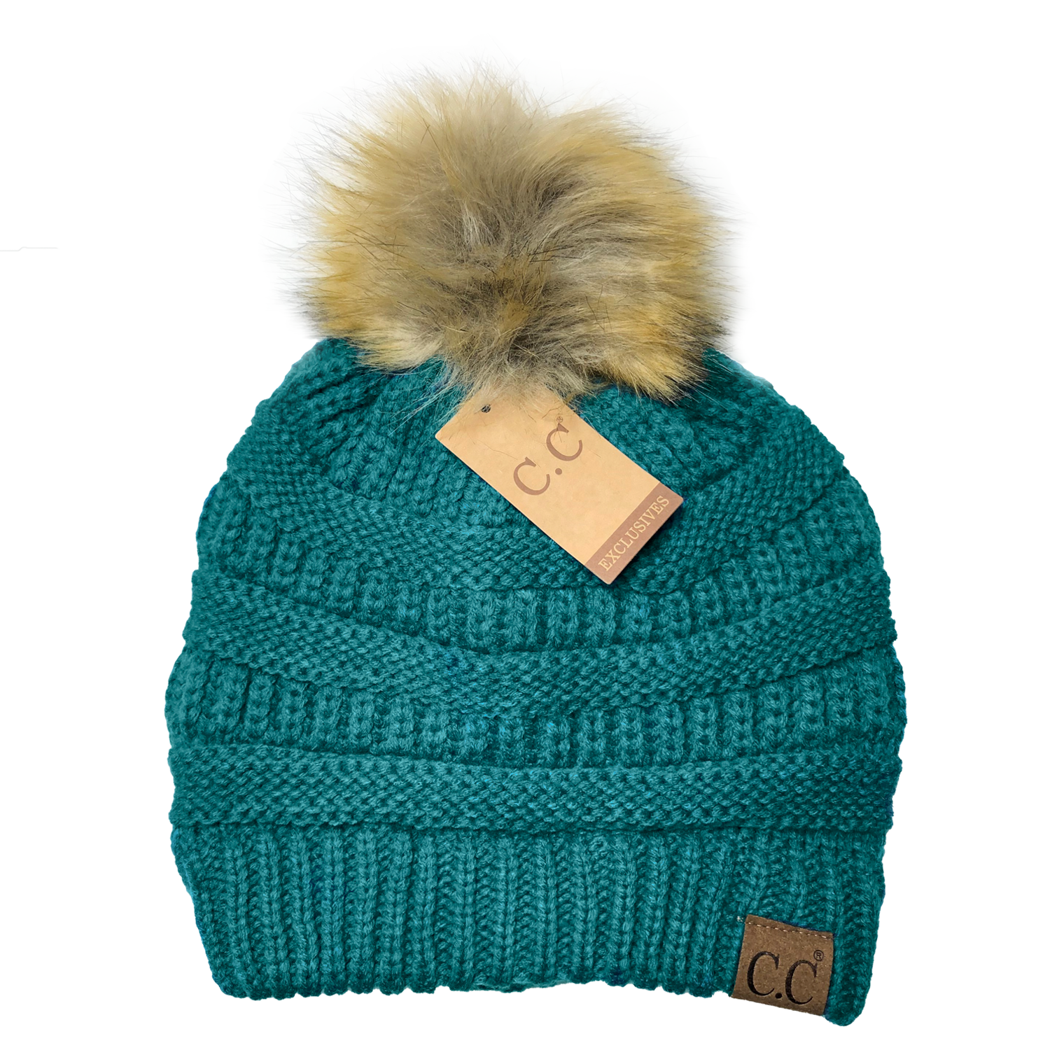 Hat-43 BEANIE W/FAUX FUR POM - TEAL