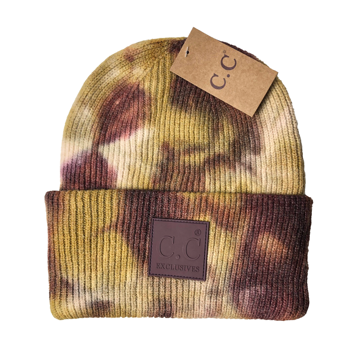 HAT-7380 Tie Dye Beanie with C.C Rubber Patch - Antique Moss/Wild Ginger