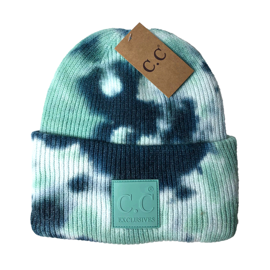 HAT-7380 Tie Dye Beanie with C.C Rubber Patch - Deep Teal/Sea Green