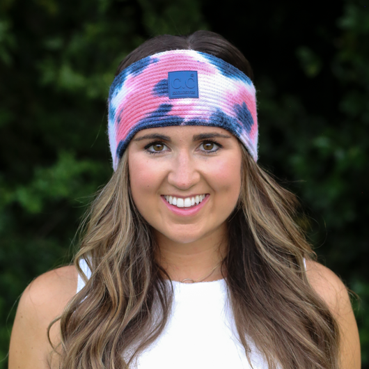 HW-7380 Tie Dye Headwrap with C.C Rubber Patch - Navy/Pink