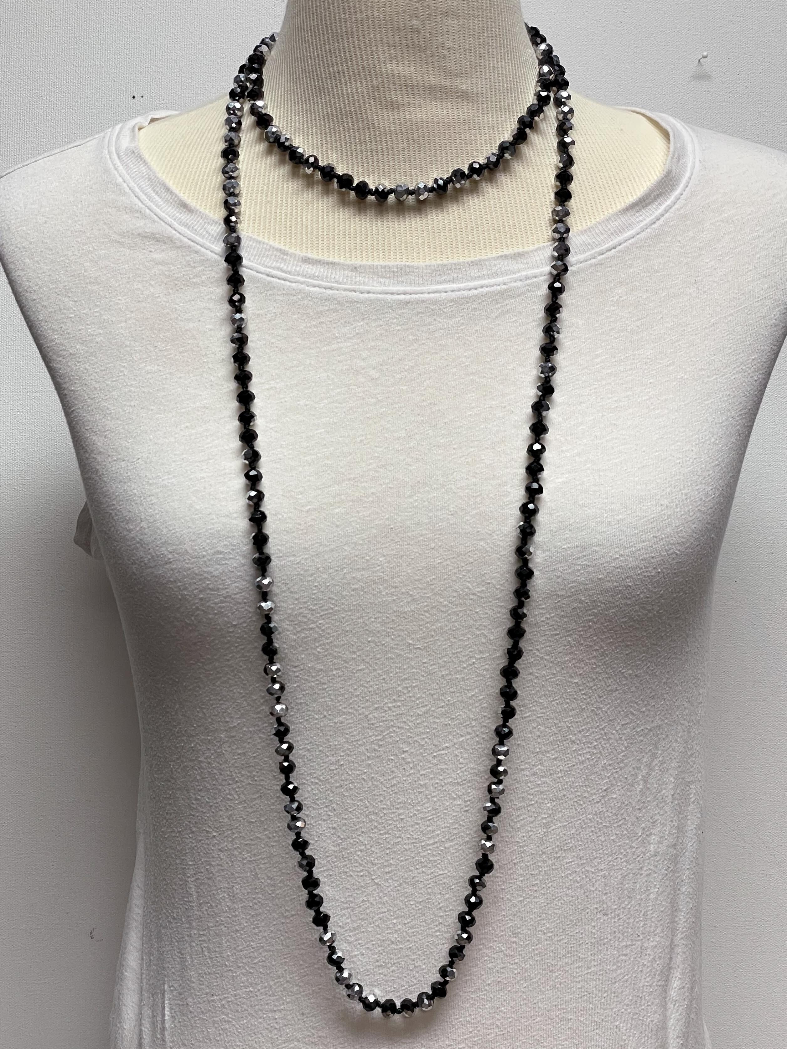 NK-2244 BLACK SILVER 60 hand knotted glass bead necklace