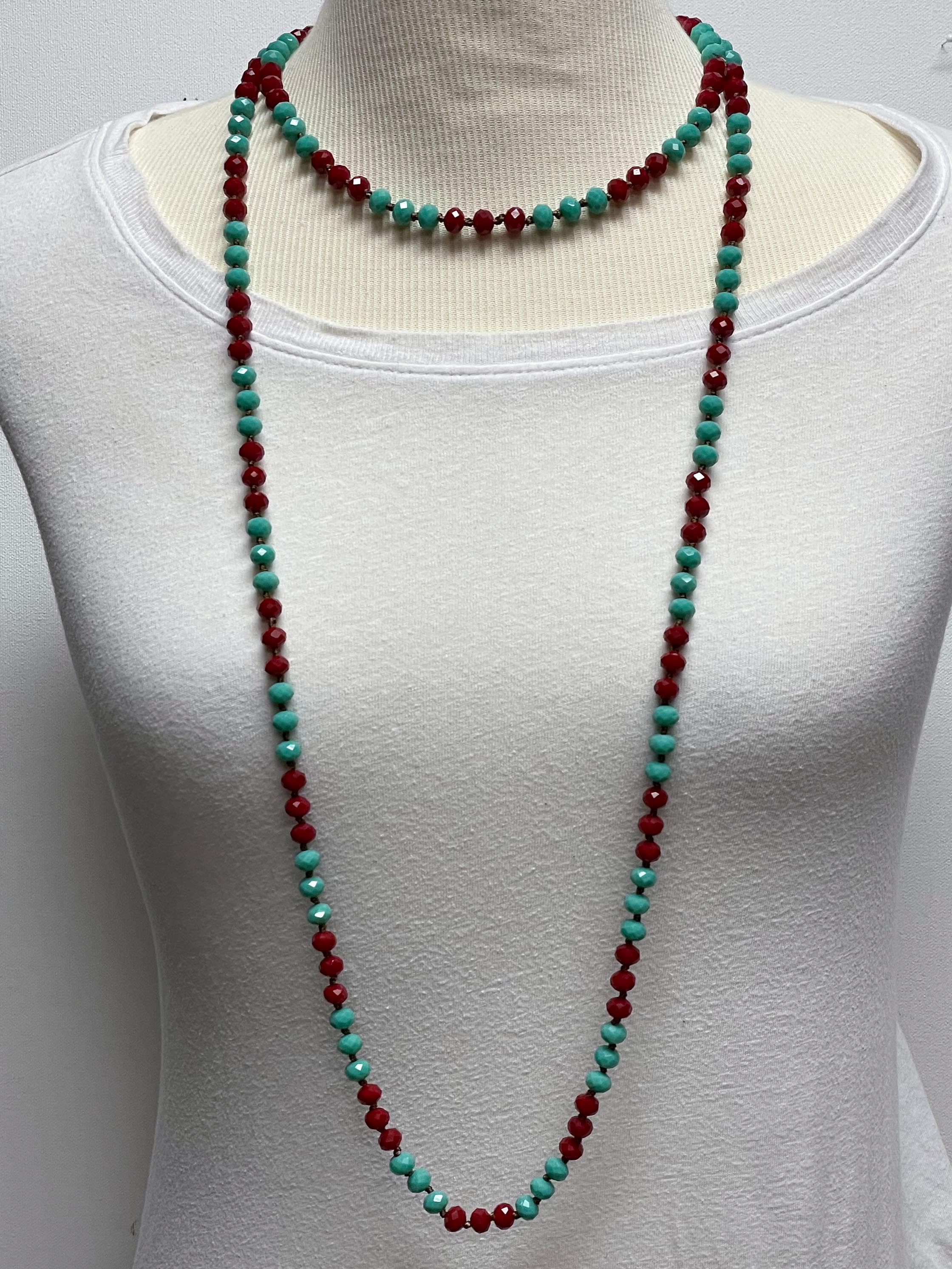 NK-2244 RED TURQUOISE 60 hand knotted glass bead necklace