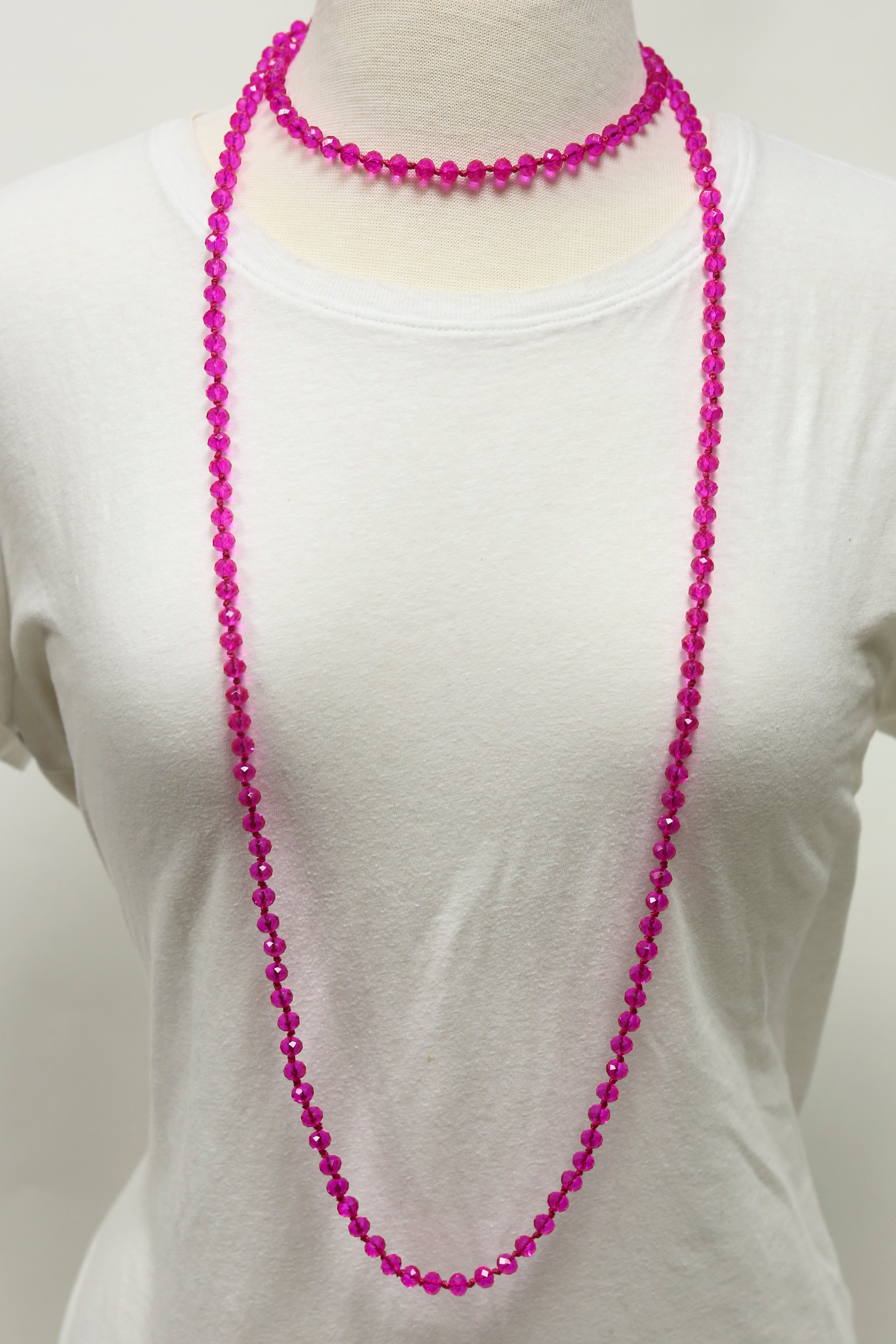 NK-2244 HOT PINK 60 hand knotted glass bead necklace