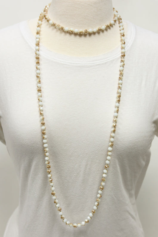 NK-2244 TAN CREAM MULTI 60 hand knotted glass bead necklace