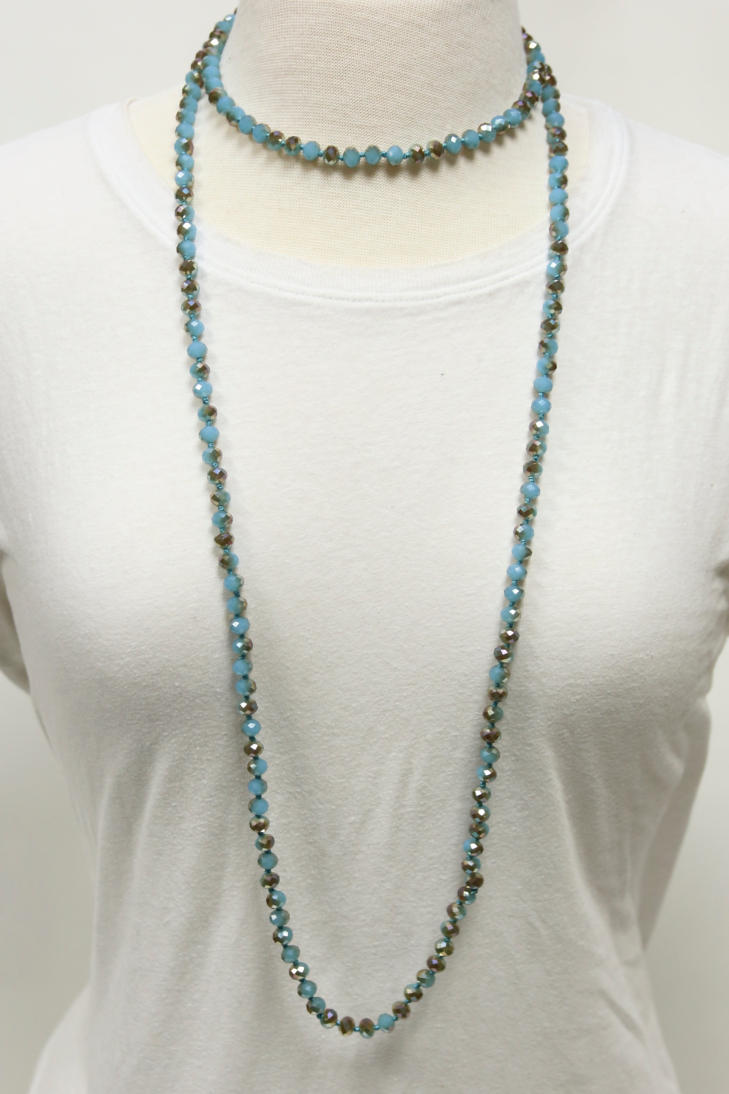 NK-2244 TURQ MULT 60 hand knotted glass bead necklace