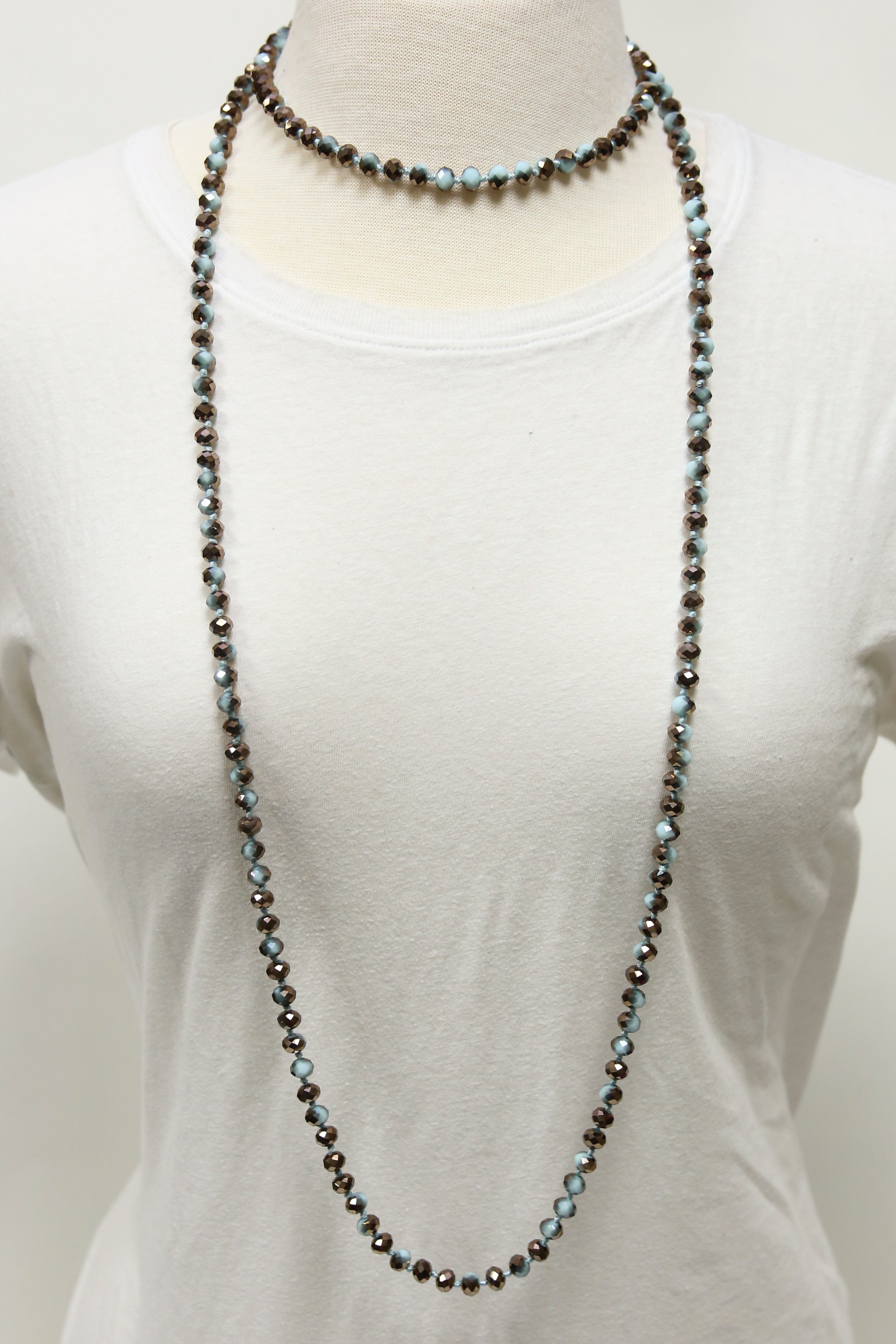 NK-2244 BRN BLUE MULTI 60 hand knotted glass bead necklace