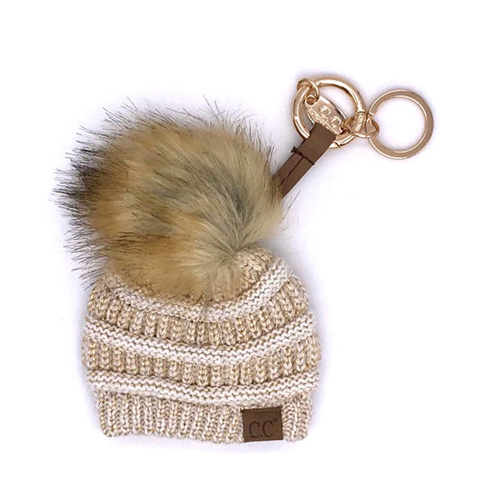 KB-43 Keychain W/FAUX FUR POM-Ivory/Gold