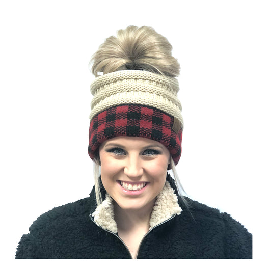 MB-17 MESSY BUN BUFFALO PLAID BEIGE RED/BLACK