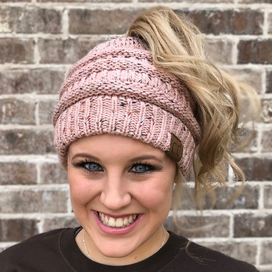 MB-33 MESSY BUN SPECKLED BEANIE INDI PINK