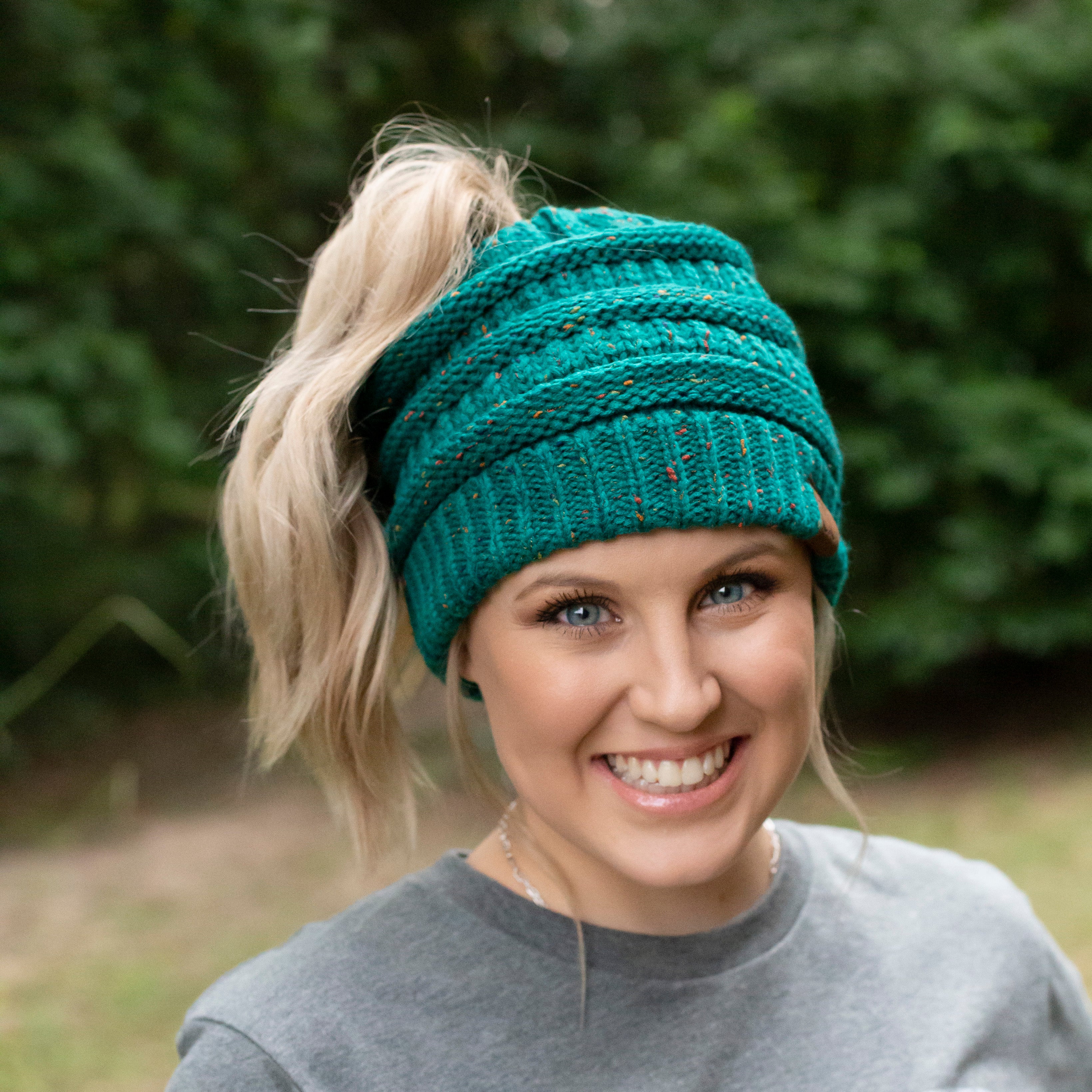 MB-33 MESSY BUN SPECKLED BEANIE SEAGREEN