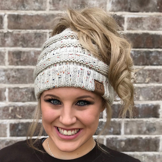 MB-33 MESSY BUN SPECKLED BEANIE OATMEAL