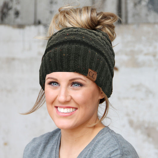 MB-33 MESSY BUN SPECKLED BEANIE NEW OLIVE