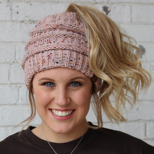MB-33 MESSY BUN SPECKLED BEANIE ROSE