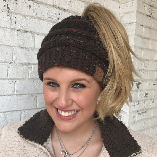MB-33 MESSY BUN SPECKLED BEANIE BROWN