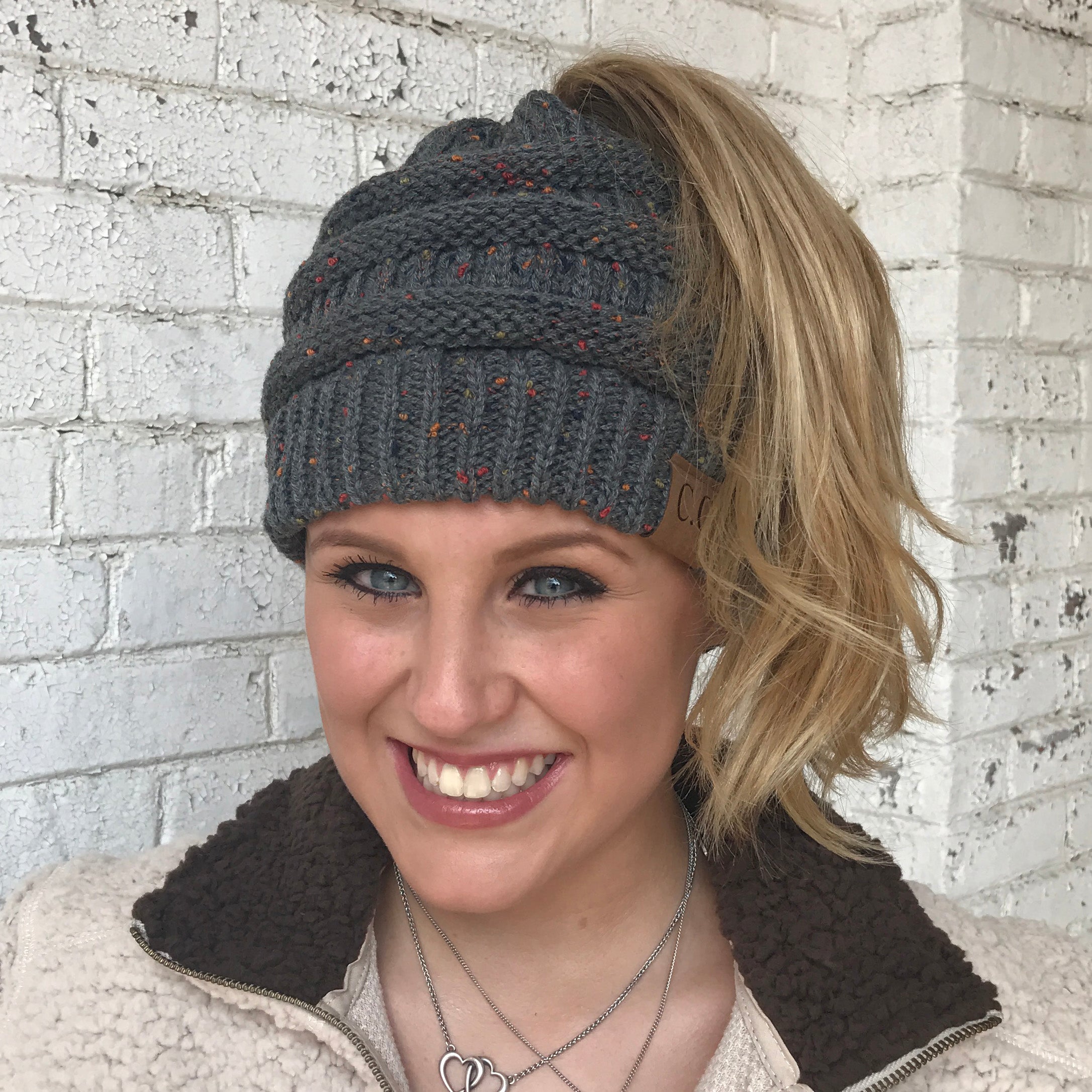 MB-33 MESSY BUN SPECKLED BEANIE DARK MELANGE GRAY