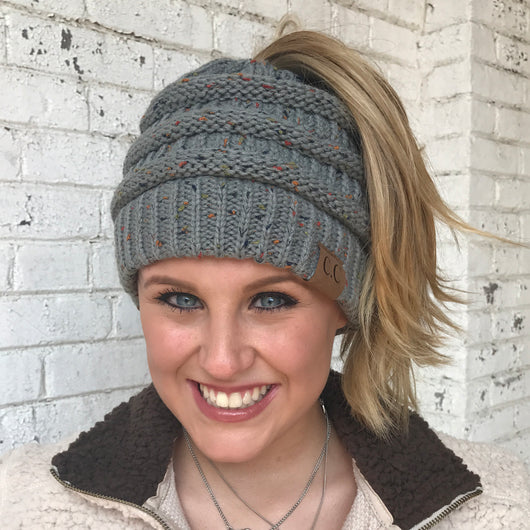 MB-33 MESSY BUN SPECKLED BEANIE NATURAL GREY