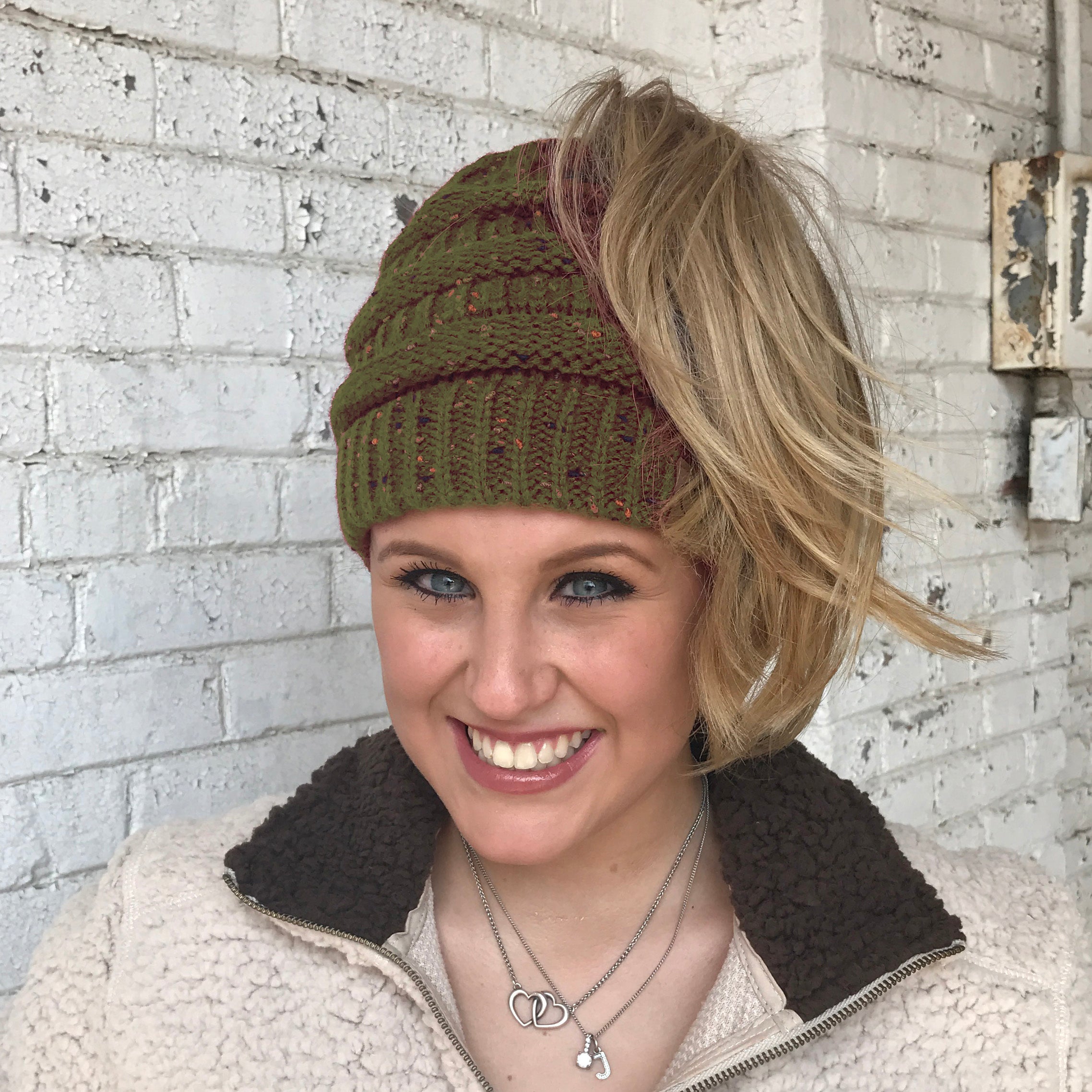 MB-33 MESSY BUN SPECKLED BEANIE OLIVE
