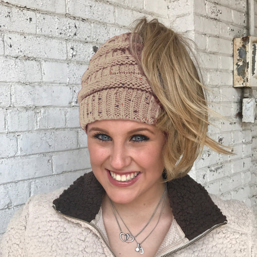 MB-33 MESSY BUN SPECKLED BEANIE TAUPE