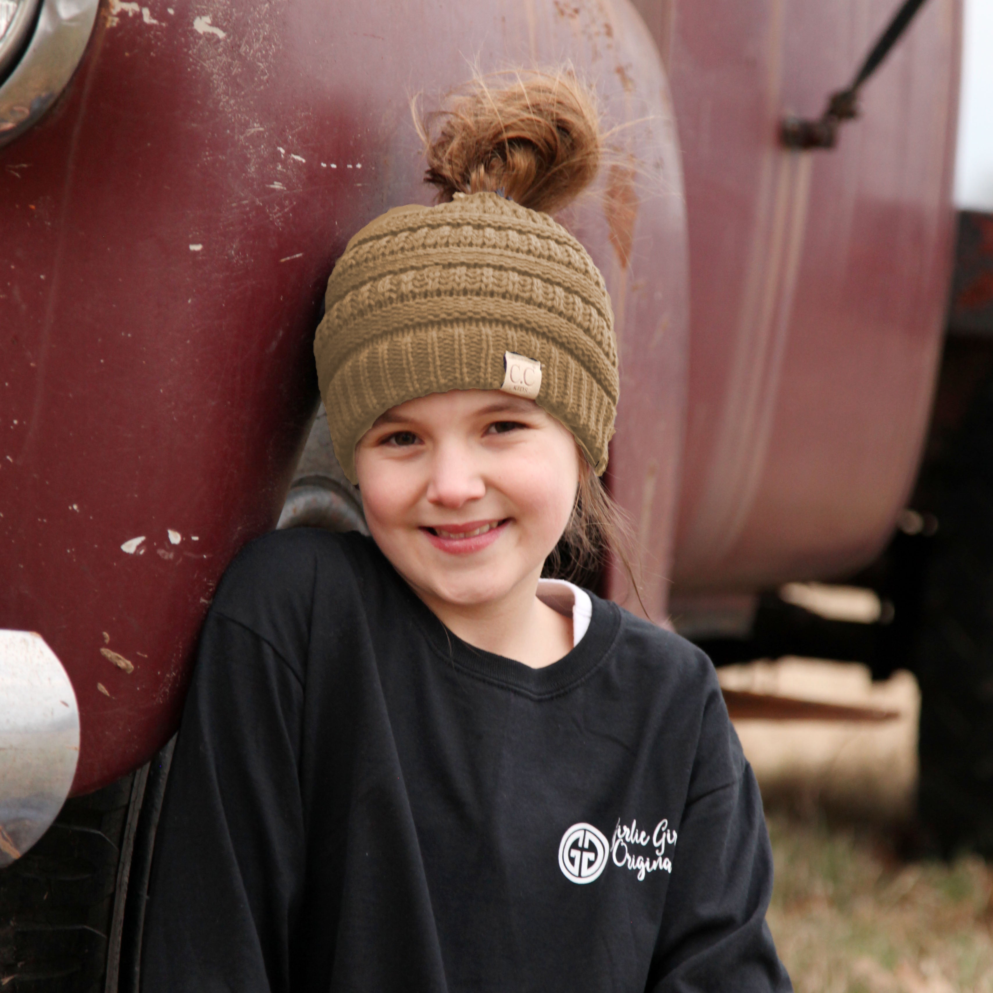 MB-847-KID Camel Messy Bun Beanie