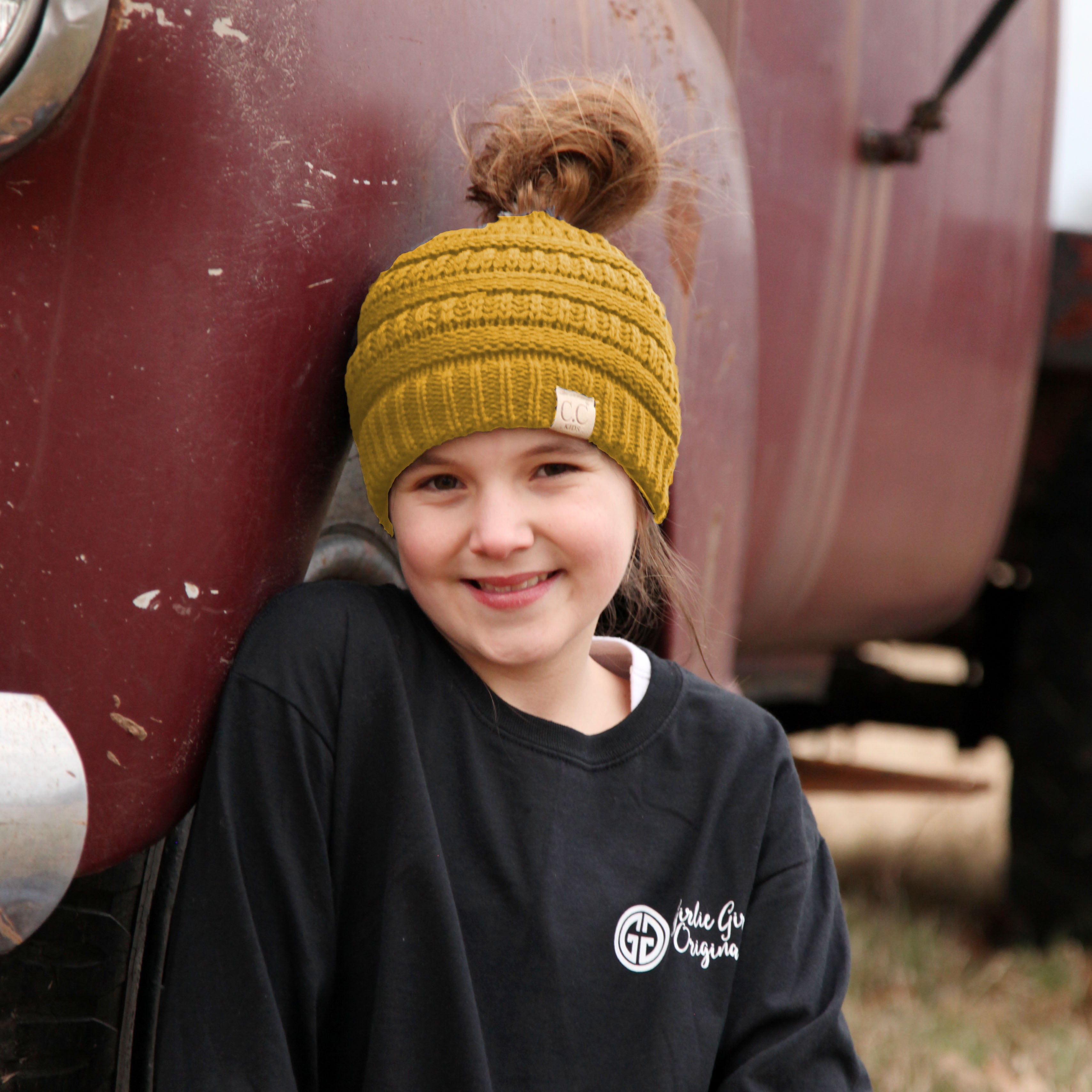 MB-847-KID Mustard Messy Bun Beanie