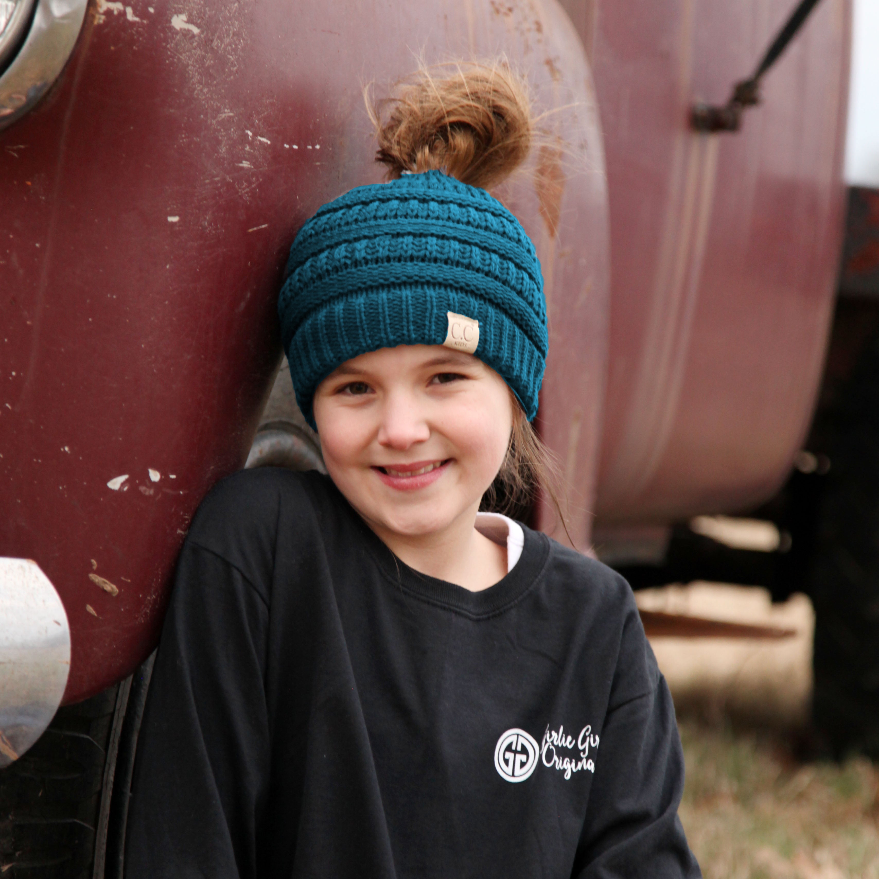 MB-847-KID Teal Messy Bun Beanie