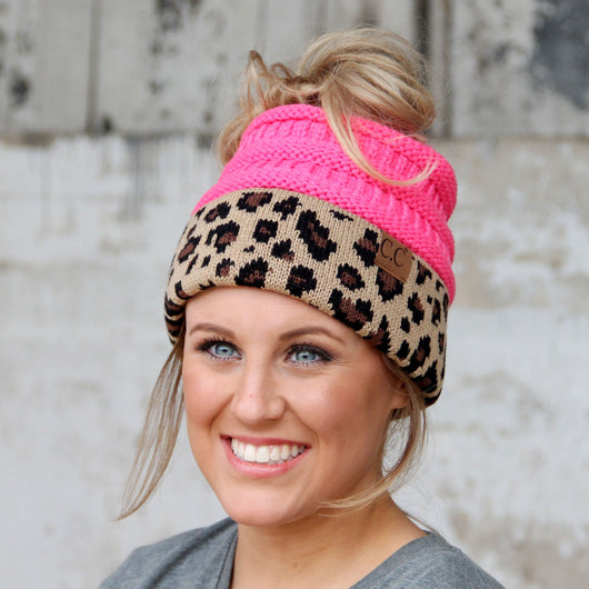 MB-45 MESSY BUN LEOPARD BEANIE NEW CANDY PINK
