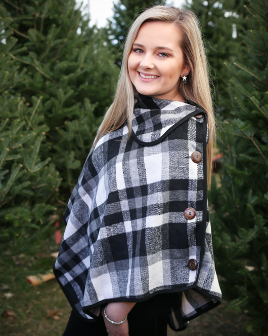 PC-4918 Black White Plaid Poncho