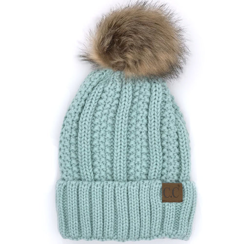 YJ-820 SHERPA LINED BEANIE W/FAUX FUR POM - MINT