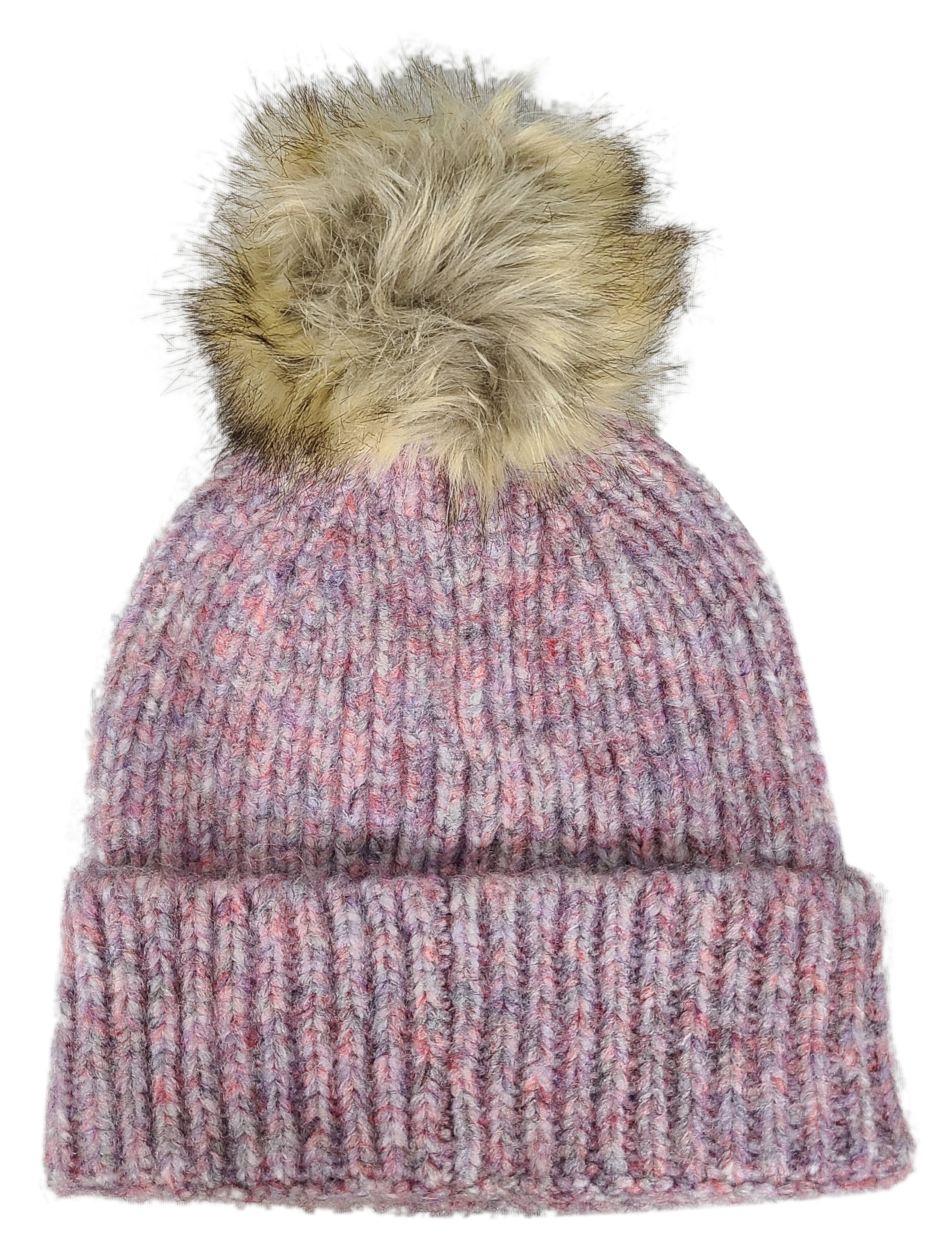 Hat-2074 Beanie with Faux Fur Pom Cotton Candy Multi