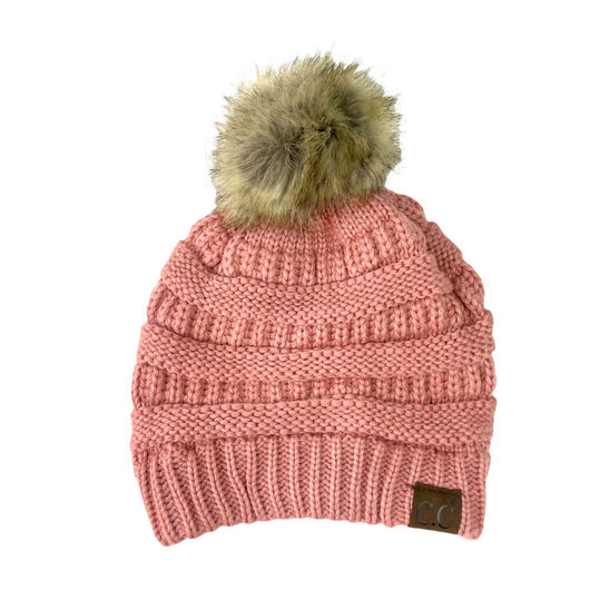 Hat-43 BEANIE W/FAUX FUR POM - SALMON PINK