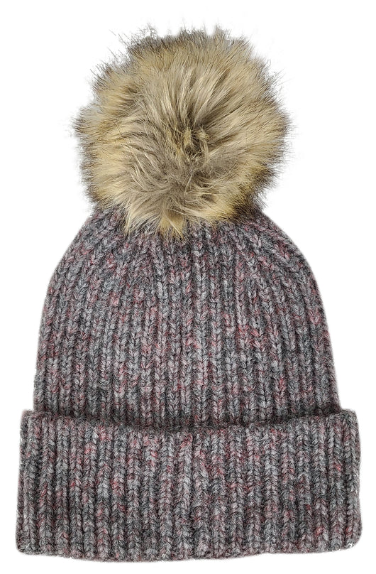 Hat-2074 Beanie with Faux Fur Pom Dark Grey Multi