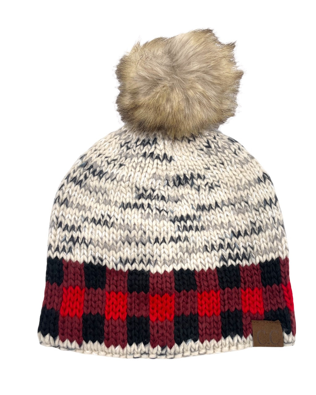 HAT-2083 Buffalo Check Mixed Print Faux Fur Beanie - Ivory/Red