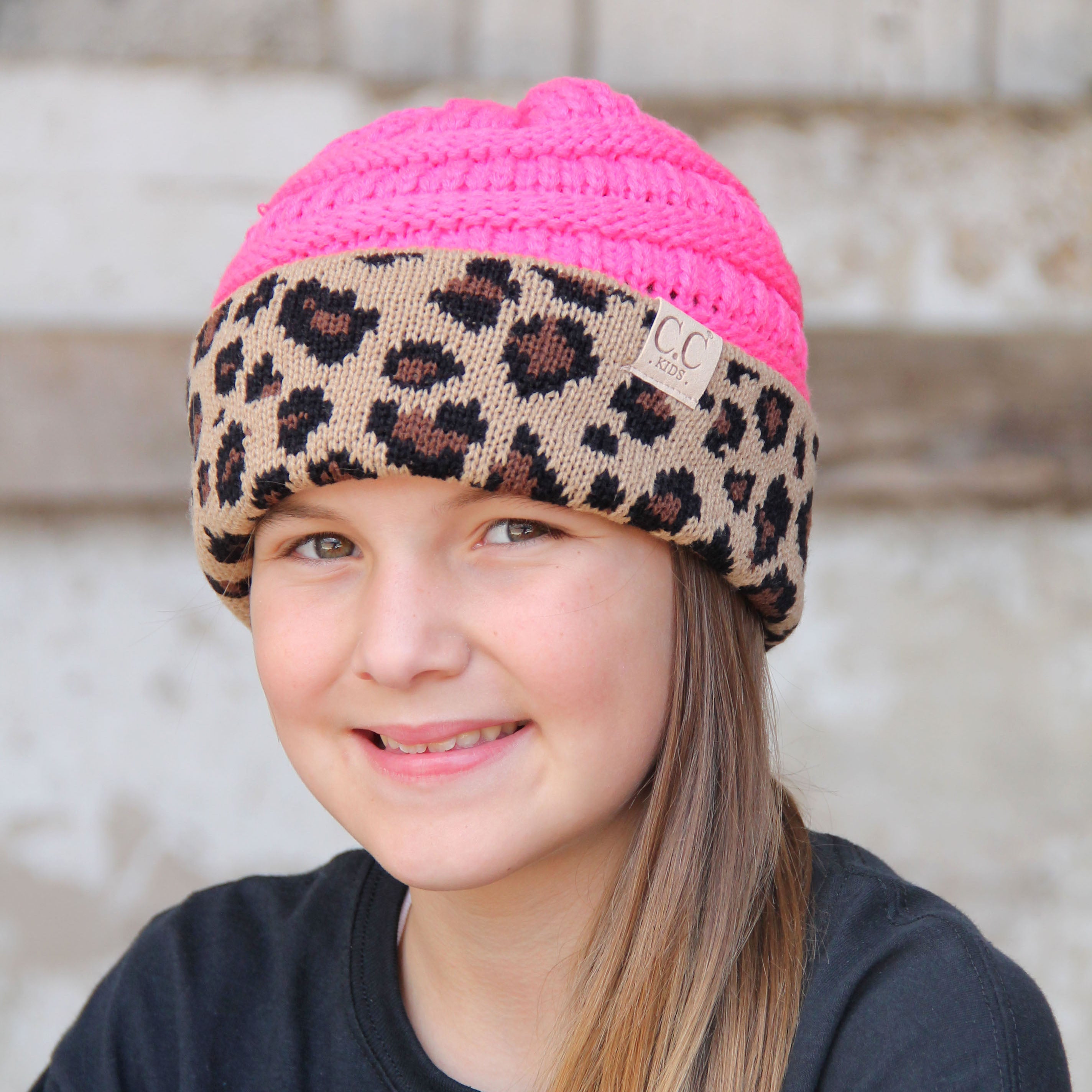 KID-45 Candy Pink Leopard Youth Beanie